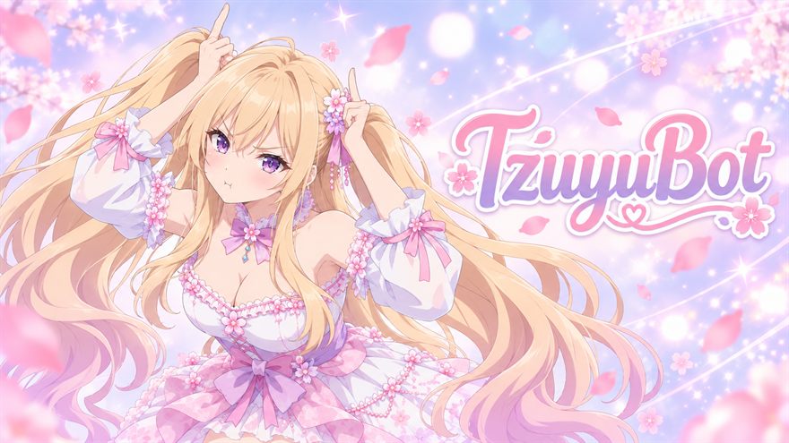 Banner de TzuyuBot: Tzuyu con vestido rosa y lazos, entre flores de cerezo, junto al logotipo TzuyuBot